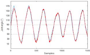 Data acquired using the inertial sensor-based electrogoniometer (red line) and the SG110 commercial electrogoniometer (blue line) during cyclical, moderate speed elbow movements.