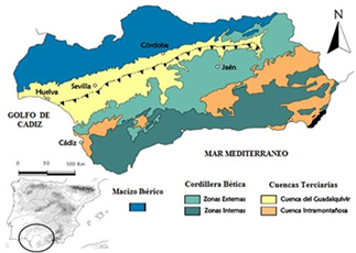 Situaci&oacute;n geol&oacute;gica y geogr&aacute;fica de la cuenca del Guadalquivir.