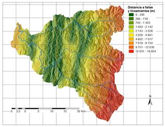 Distancia a fallas y lineamientos.