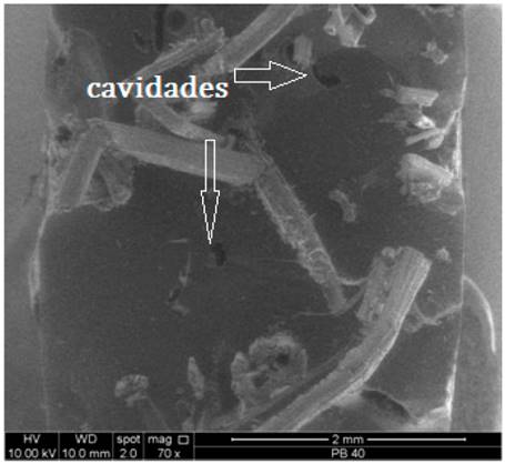 Microscop&iacute;a SEM en la superficie de falla de una probeta de ensayo a tensi&oacute;n indicando la distribuci&oacute;n no homog&eacute;nea de fibras.