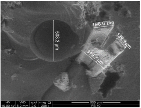 Microscop&iacute;a SEM de la superficie de falla del compuesto indicando porosidades en la matriz.