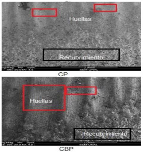 Micrograf&iacute;as MEB de las huellas dejadas en la prueba de abrasi&oacute;n en los recubrimientos CBP y CP Escala. 2mm. 