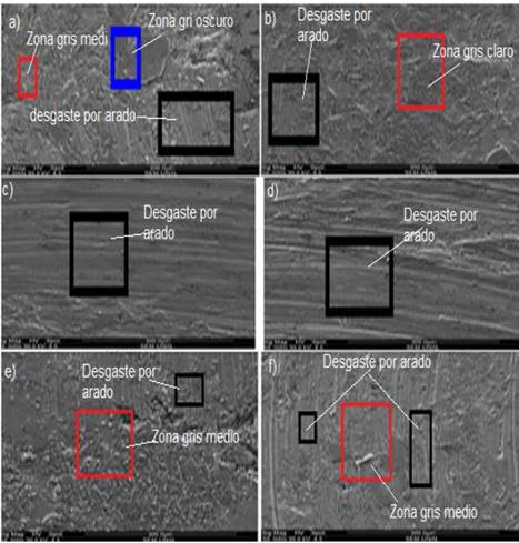 Micrograf&iacute;as MEB ensayo de &ldquo;Pin-on-Disc&rdquo; a 300&micro;m (a)CA (b) CBA (c) CP (d) CBP (e) CG (f) CBG.