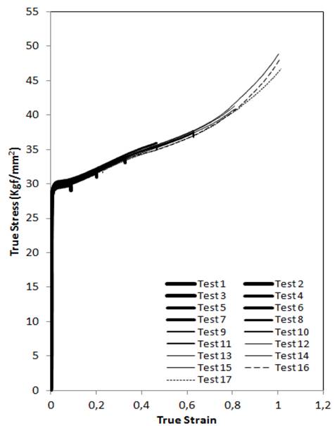 Stress vs. Strain diagrams of the seventeen compression tests calculated with the volume conservation principle. 