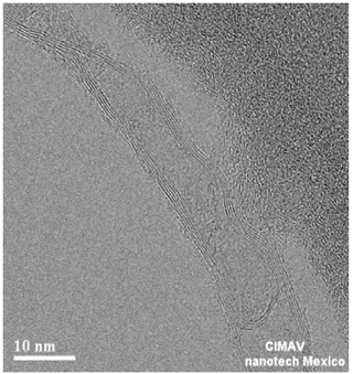 TEM micrograph of multi walled CNTs grown from Co. Average wall number ranging between 1 and 10 walls.