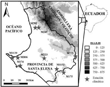 Localización de la Provincia de Santa Elena y estaciones climáticas de temperatura y precipitación disponibles.