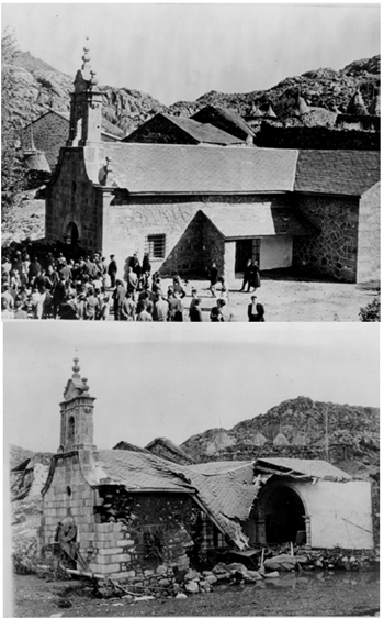 Aspecto comparativo de la iglesia, entes y despu&eacute;s de la avenida.