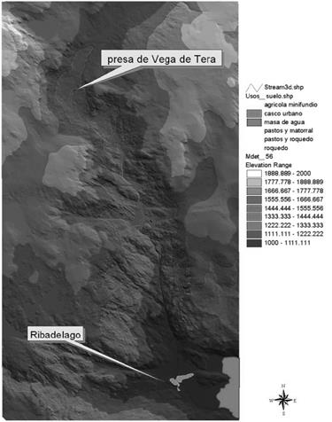Modelo Digital de Elevaciones del Terreno en el Ca&ntilde;&oacute;n del Tera, con la ubicaci&oacute;n relativa de la presa de Vega de Tera y el casco urbano de Ribadelado.