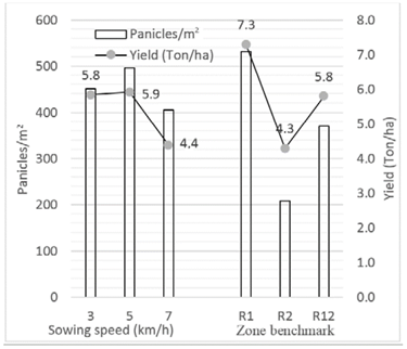 Panicles/m2 vs. yield (Ton/ha) in experimental and reference plots