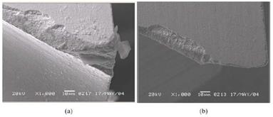Worn tools (same cutting conditions). a) Dry machining. b) MQL.