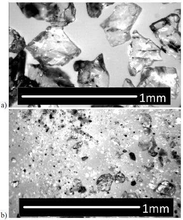 Abrasive grains Corundum 60 Mesh a) before, b) after forming in cutting head. Magnification 60x.