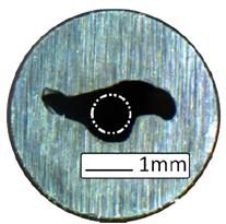 Focusing tube outlet after 20 min. work with corundum. Dash-dot-dot line - original focusing tube ID = 0.76 mm.