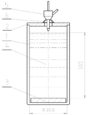 Catcher for abrasive jet: 1) Tank, 2) Tank Cap, 3) Mild Steel Shield, 4) Water, 5) Cutting Head, 6) Rubber Head Cap. 
