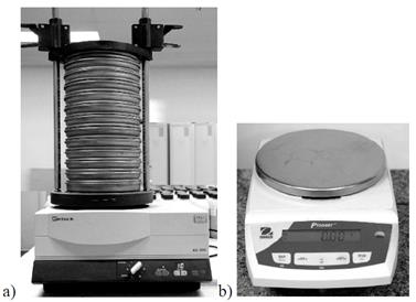 a) Retsch sieving equipment, b) digital lab scale