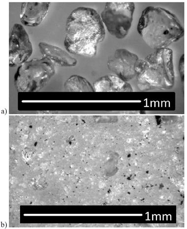 Abrasive grains garnet 80 Mesh a) before, b) after forming in cutting head. Magnification 60x.