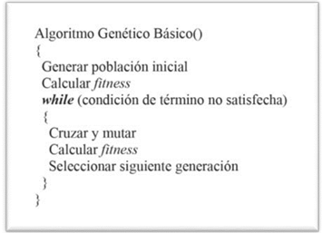 Esquema b&aacute;sico de un algoritmo gen&eacute;tico (Salazar y Sarzuri, 2015). 