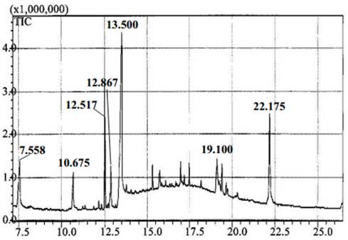 GC-MS chromatogram of extracted methanol-chloroform waxes. 