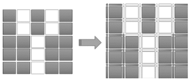 Espacio complejo cartesiano obtenido a partir de la imagen en blanco y negro. Los elementos interp&iacute;xel (derecha) 0-dimensionales son representados como puntos y los 1-dimensionales como segmentos de l&iacute;nea horizontal o vertical.