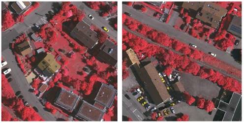 Im&aacute;genes usadas en la creaci&oacute;n del modelo (izquierda) y validaci&oacute;n (derecha). Las escenas corresponden a una composici&oacute;n en falso color infrarrojo. 1 cm en la imagen equivale a 20 m en el terreno.