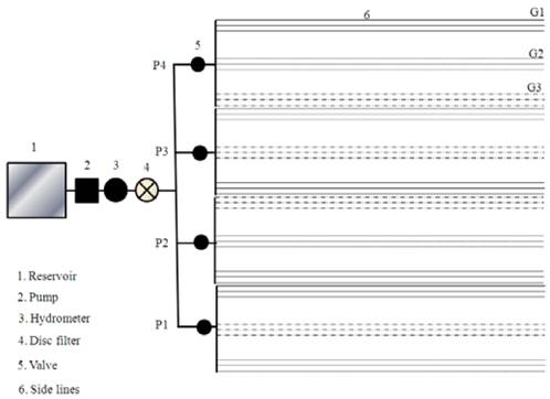 Experimental setup composed of four drip irrigation units operating at pressures 280 (P4), 210 (P3), 140 (P2) and 70 (P1) kPa and with emitter G3, G2 and G1.