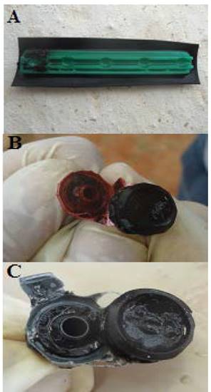 Drip emitters with biofilm: G1 (A), G2 (B) and G3 (C).