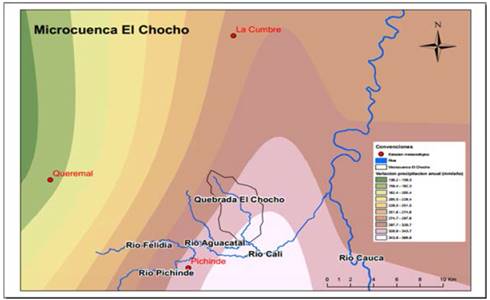 Variaci&oacute;n espacial de la precipitaci&oacute;n anual por el m&eacute;todo Spline, microcuenca el Chocho.