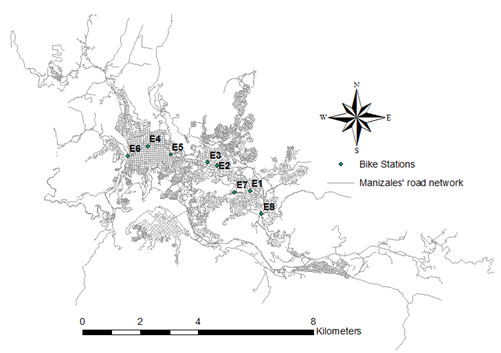 Bike stations that comprise the Manizales&rsquo; BSS.