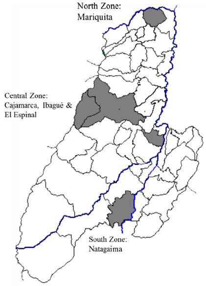 Epicenters of zones selected to apply the methodology