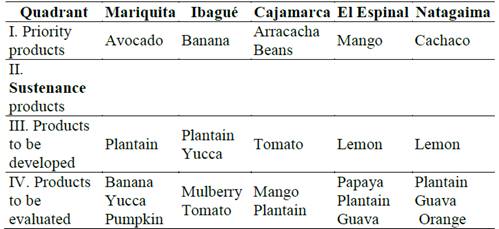 Location of products within the prioritizing matrix per evaluated zone