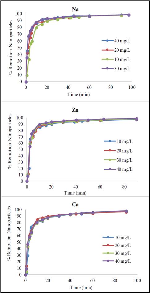 Sedimentation dynamics of Glutathione@MNPs in aqueous suspension in a magnetic gradient in the presence of ions at different concentrations.