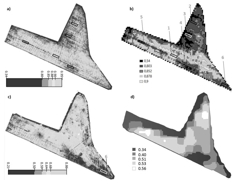 Normalized difference vegetation index (NDVI) maps. a) Map in the Stage of Rice Panicle Development (SRPD). b) NDVI polygons map in the SRPD. c) Map in the Milky Stage (MS). d) Map elaborated from a satellite image taken in the MS. 