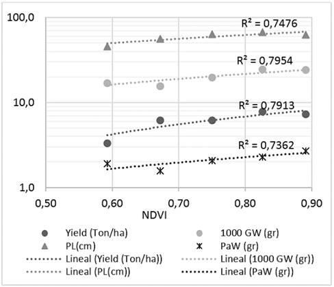 Normalized difference vegetation index (NDVI) vs. Yield, Panicle Weight (PaW), 1000 Grain Weight and Length Plant (LP) 