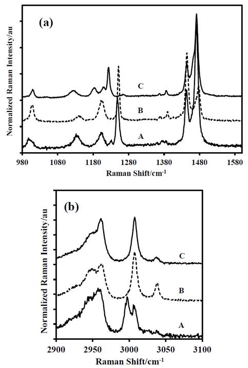 Last portion of the Raman spectra of: A-DADP-C4, B-DADP and C-DADP-C2 (a) at 2900-3100 cm-1 spectral range. (b) at 1000.1600 cm-1 spectral range.