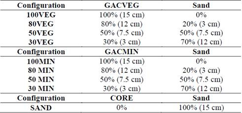 Configurations of GACVEG, GACMIN and sand filter media used in the study.