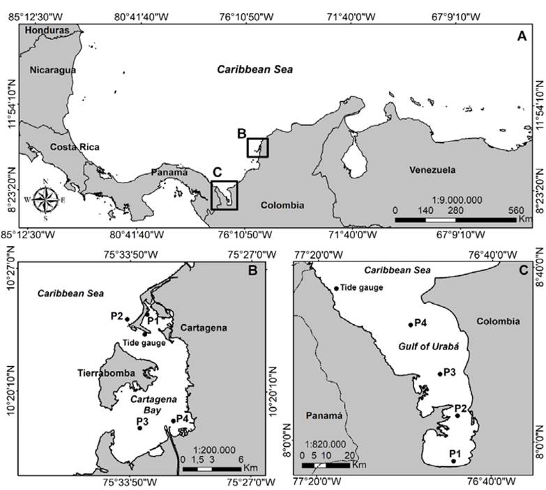 A. Location of Cartagena Bay and the Gulf of Urab&aacute; in the Colombian Caribbean. B. Computational domain for Cartagena Bay. C. Computational domain for the Gulf of Urab&aacute;. In A and C, the tide gauge points indicates the place where the measured data in the field were obtained for model calibration. The other points (P1, P2, P3, P4) indicate the places where the sea level simulations were performed with a temporary extension of 20 years for the study areas.