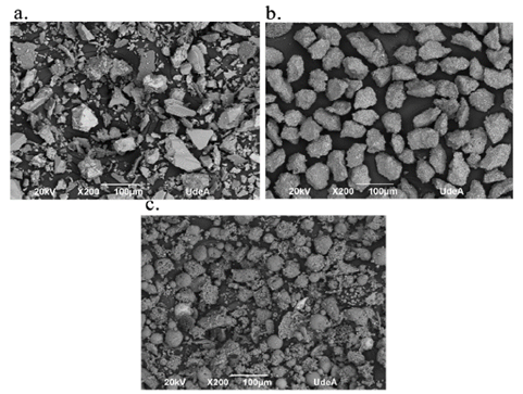 Morfología de las materias primas, a. Mineral de cromita, b. Catalizador de reforma y c. Cenizas volantes.