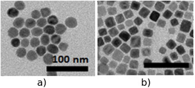 TEM images of the FeO@Fe3O4 nanoparticles for distinct shapes: a) spheres, b) cubes.