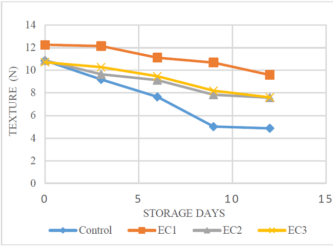 a) Texture kinetics of EC during days of storage.
