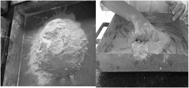 Sample preparation procedure: making the Kaolin clay slurry at 1.5 times the liquid limit. Left) Dried Kaolin powder. Right) Kaolin clay slurry after its hydration.