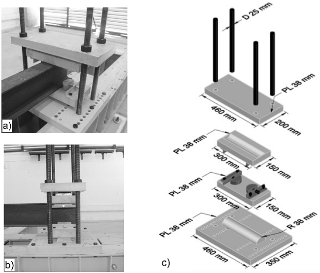 Support details. a) General view, b) Lateral view, c) Dimensions and thickness.