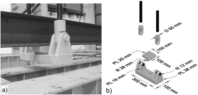 Ball joint system of point vertical load. a) General view, b) Dimensions and thickness.