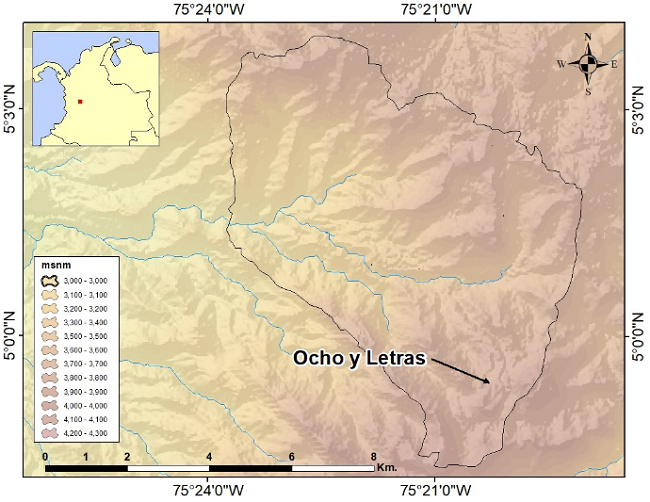 Study area location, Los Nevados National Park (PNNN), buffer zone in Colombia. Located in the upper part of the Chinchiná River basin in the department of Caldas.