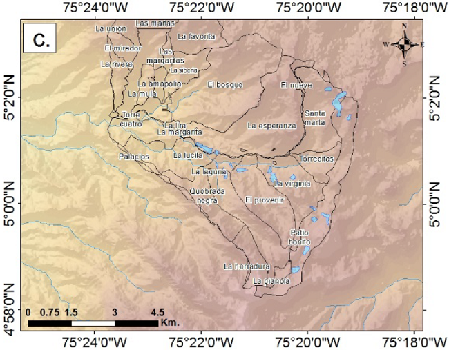 Multitemporal wetland analysis in the area studied, using SAR images: a). ALOSPALSAR June 2007, b). ALOSPALSAR June 2008, c). ALOSPALSAR June, 2009.