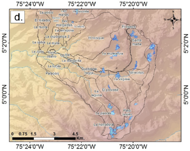 Multitemporal wetland analysis in the area studied, using SAR images: d). Sentinel-1 A, 2014, e). Sentinel 1 A, 2015, f). Sentinel 1 A, 2016.