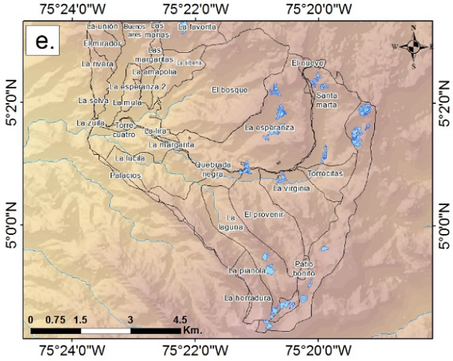 Multitemporal wetland analysis in the area studied, using SAR images: d). Sentinel-1 A, 2014, e). Sentinel 1 A, 2015, f). Sentinel 1 A, 2016.