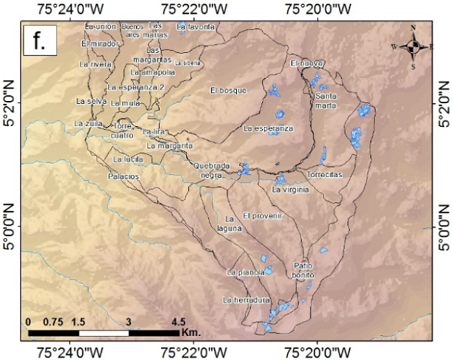 Multitemporal wetland analysis in the area studied, using SAR images: d). Sentinel-1 A, 2014, e). Sentinel 1 A, 2015, f). Sentinel 1 A, 2016.