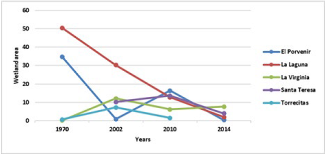 Temporal variation in the wetland areas in several sectors of the zone studied (see Fig.5 for sector location).