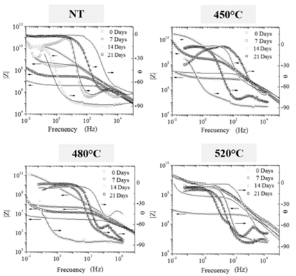 Bode diagrams for nitriding samples at different temperatures.