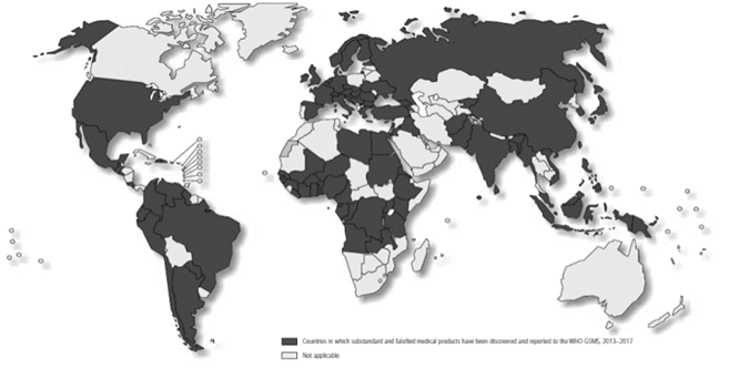 Countries from where reports of low-quality or counterfeit medicines were sent to the WHO between 2013 and 2017 (dark color). 