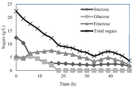 Consumption of sugars by R. eutropha ATCC 17699 of an M/V ratio: 25/75, with nitrogen and salt supplementation, in the 5L bioreactor. 
